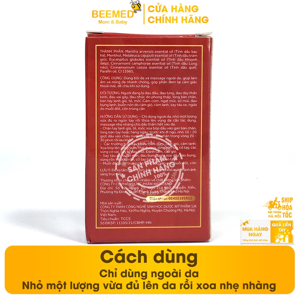 Dầu gió bôi da - giúp làm ấm, giảm đau đầu, cảm cúm, say tàu xe - Dầu đỏ medstand - Lọ 7ml từ tinh dầu bạc hà, quế