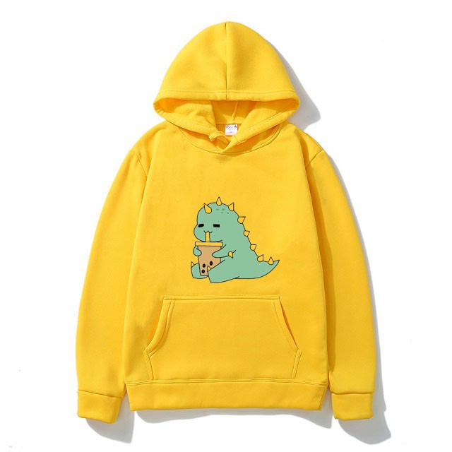 Áo Hoodies Ulzzang Nam Nữ Thu Đông Ấm Áp Chất Nỉ Mềm Mịn Không Nhăn, Không Xù In 3D Cartoon Khủng Long Trà Sữa Xinh Cute