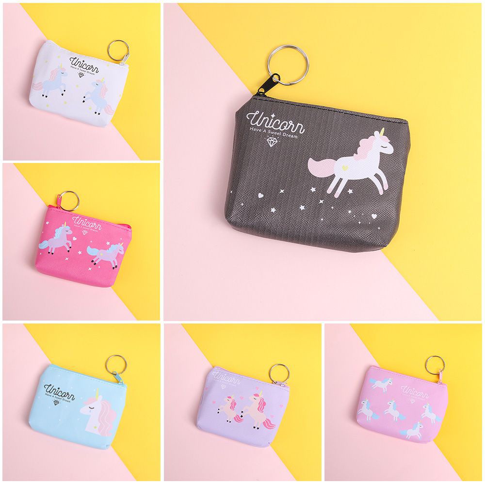 Ví đựng tiền xu / chìa khóa có khóa kéo họa tiết kỳ lân nhiều màu sắc xinh xắn cho nữ