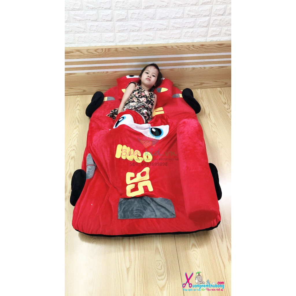 đệm thú bông ngủ hình ô tô 80x120cm, ruột bông/ mút cao su , có chăn, tặng 1 gối đầu, free chữ, vỏ nhung