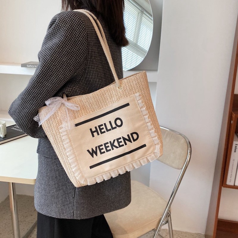 Túi Cói Đi Biển Du Lịch Hello Weekend LUHAZO  Sang Chảnh Phong Cách Hàn Quốc K4T5-2