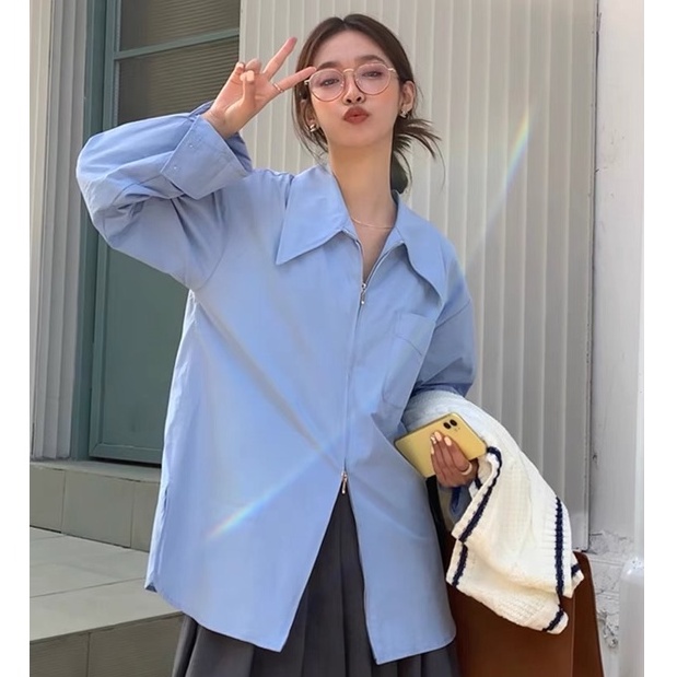 Áo Sơ Mi Tay Dài Màu Trơn Dáng Rộng Phong Cách Hàn Quốc Thời Trang Cho Nữ