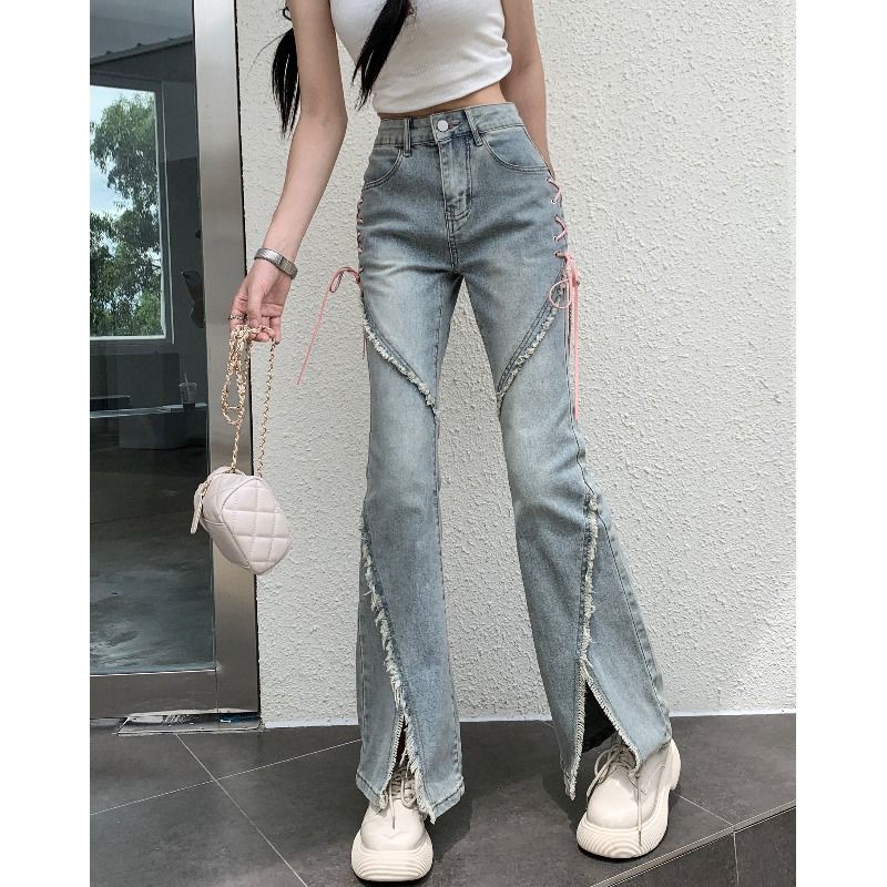 Quần Jeans Nữ Lưng Cao Ống Rộng Xẻ Tà Thời Trang