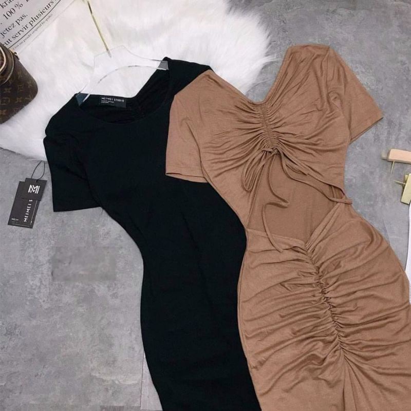 Đầm Thun Hở Lưng Rút Dây Nhún Mông Tay Ngắn Dáng Dài Maxi - Form Ôm Body Sexy