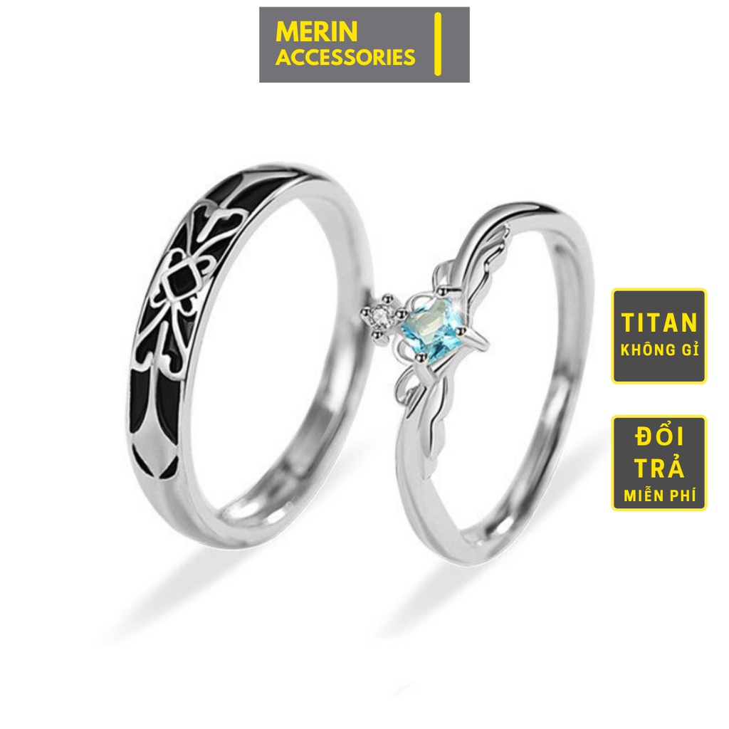 Nhẫn nam nữ tròn Unisex Merin Accesories màu bạc Thời trang chất liệu Titan đẹp đơn giản - Nhẫn Đôi King &amp; Queen