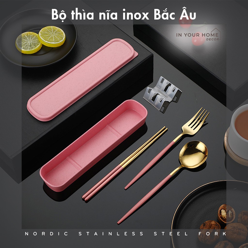 Bộ hộp thìa đũa muỗng nĩa inox cá nhân cơm trưa văn phòng di động cao cấp