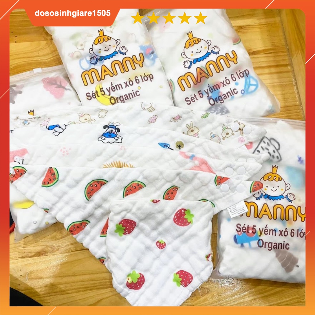 Set 5 Yếm Xô Nhăn Tam Giác 6 Lớp Manny Cho Bé Yêu / Khăn yếm ăn (giao mẫu ngẫu nhiên)