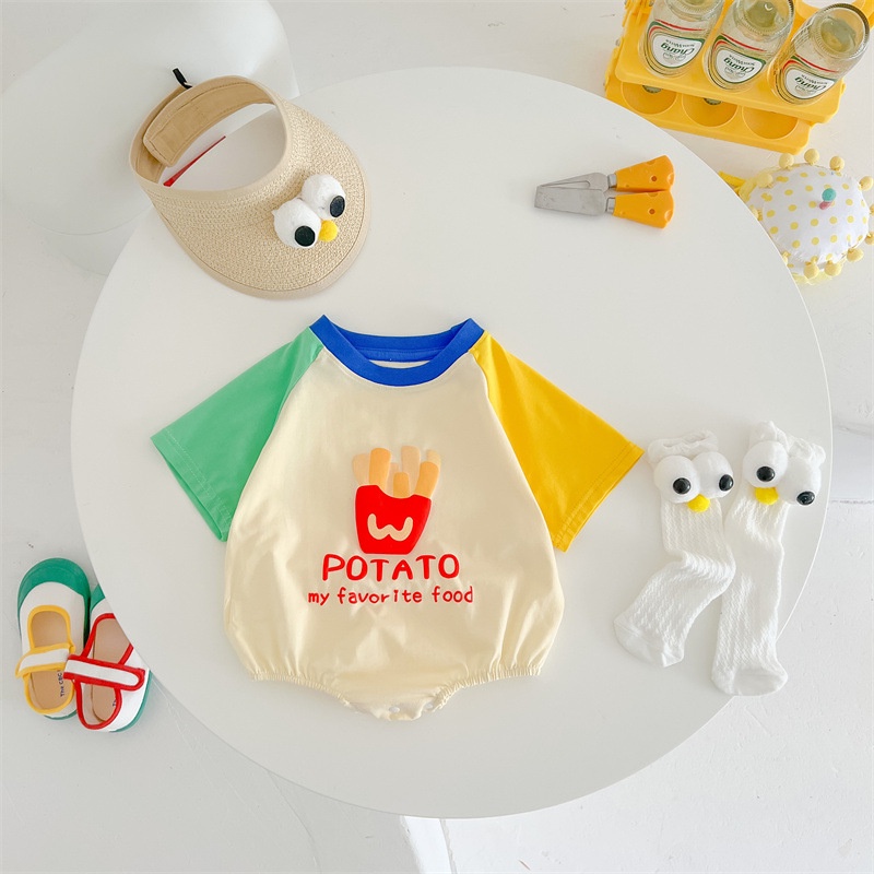 Áo Liền Quần Ngắn Tay Dáng Rộng In Hình Khoai Tây Chiên Hoạt Hình Dành Cho Trẻ Em 0-1