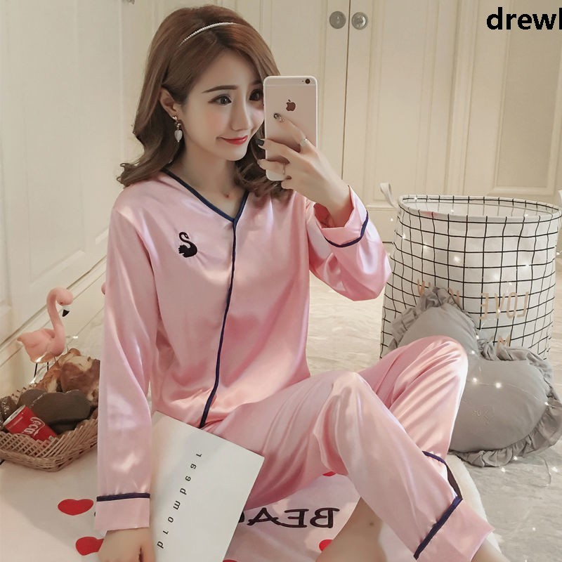 Bộ Đồ Ngủ Pijama Vải Lụa Tay Ngắn Thời Trang Mùa Xuân Cho Nữ