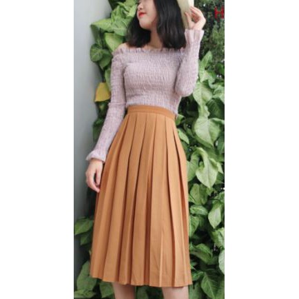 Chân váy XẾP LY TRƯỚC,Chân váy dáng dài chạm gối MS06_kèm ảnh thật shop chụp