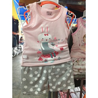 Bộ cotton ba lỗ thỏ hồng bé gái