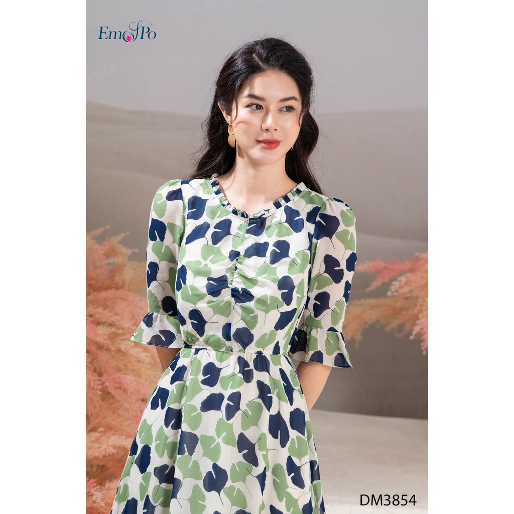 Đầm hoa lá nữ cổ tròn thời trang, tay lửng Emspo DM3854