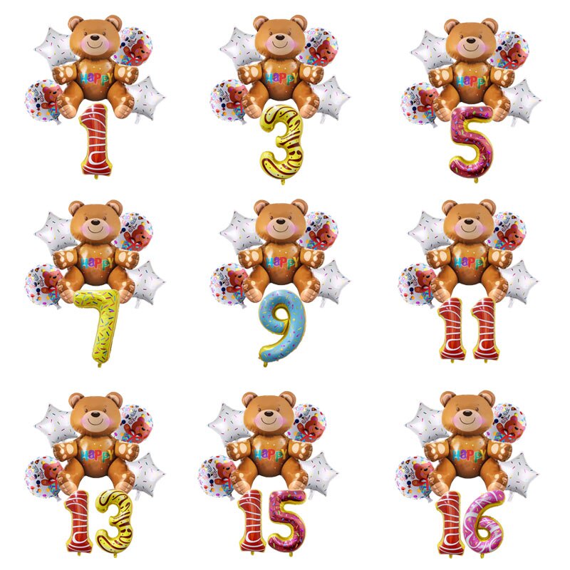 Set 7 bong bóng tráng nhôm hình gấu 3D kích thước 32 inch trang trí tiệc sinh nhật