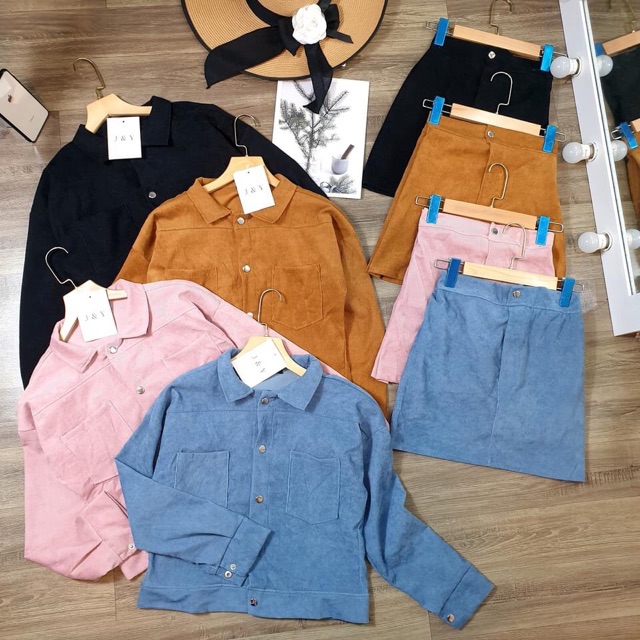 Tb  - Set áo khoác croptop chân váy Nhung tăm