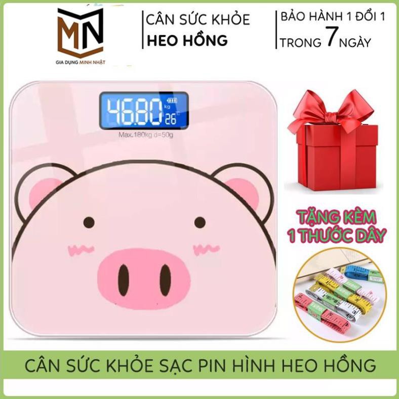 Cân Điện Tử, Cân Sức Khỏe Hình Heo Hồng Sạc Pin Xinh Xắn, Trọng Lượng Tối Đa 200Kg, Tặng Kèm Thước Dây,Bảo Hành 12 Tháng