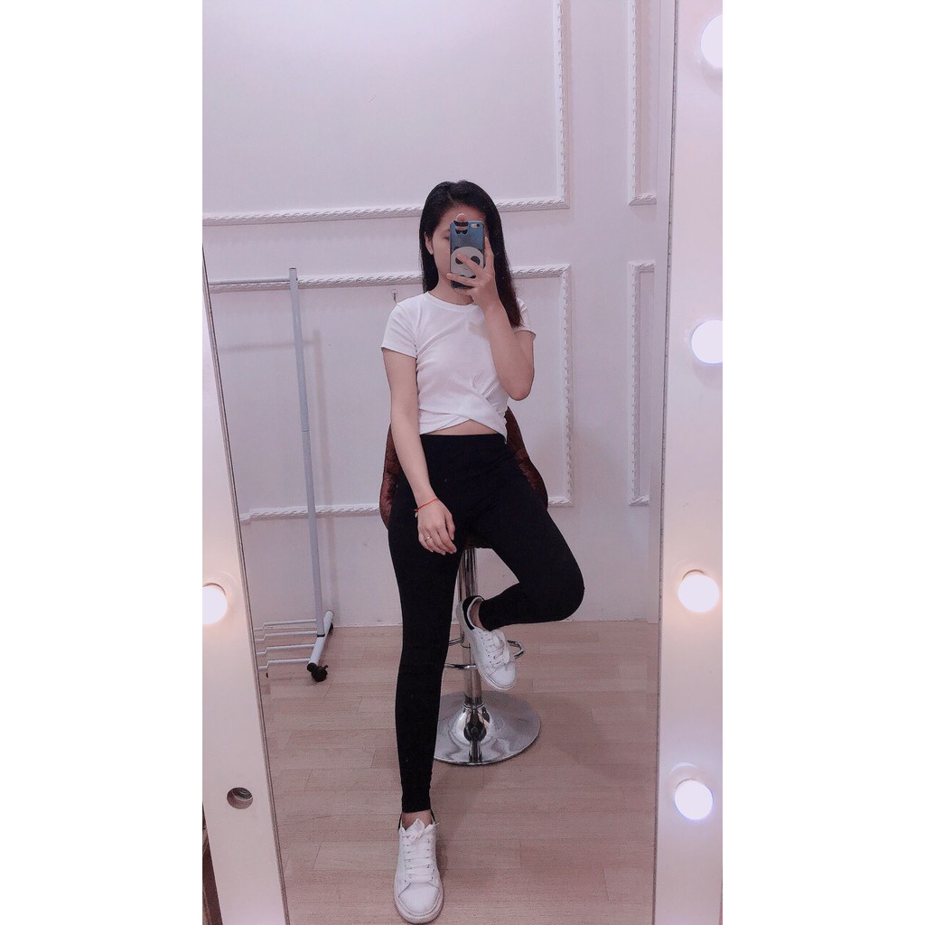 Áo Croptop Nữ Xoắn Eo Dáng Cộc Tay Cổ Tròn 2 Màu