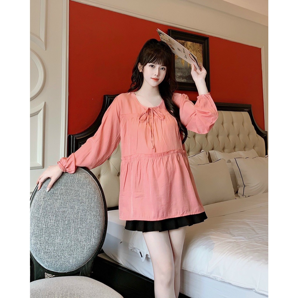 Áo bầu thiết kế tầng buộc nơ cổ