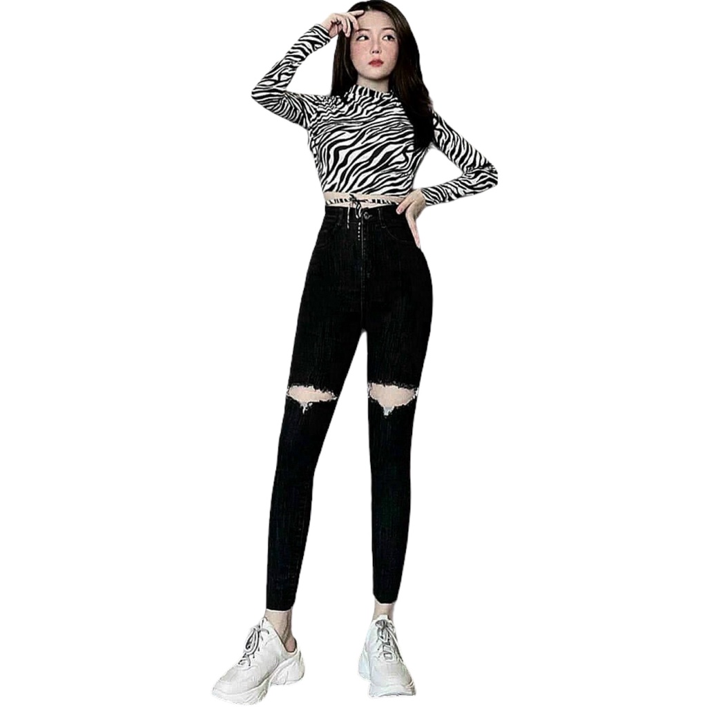 Quần jean đen muối tiêu rách đùi, gấu tua lai kiểu dành cho Bigsize, lưng cao, co dãn mạnh