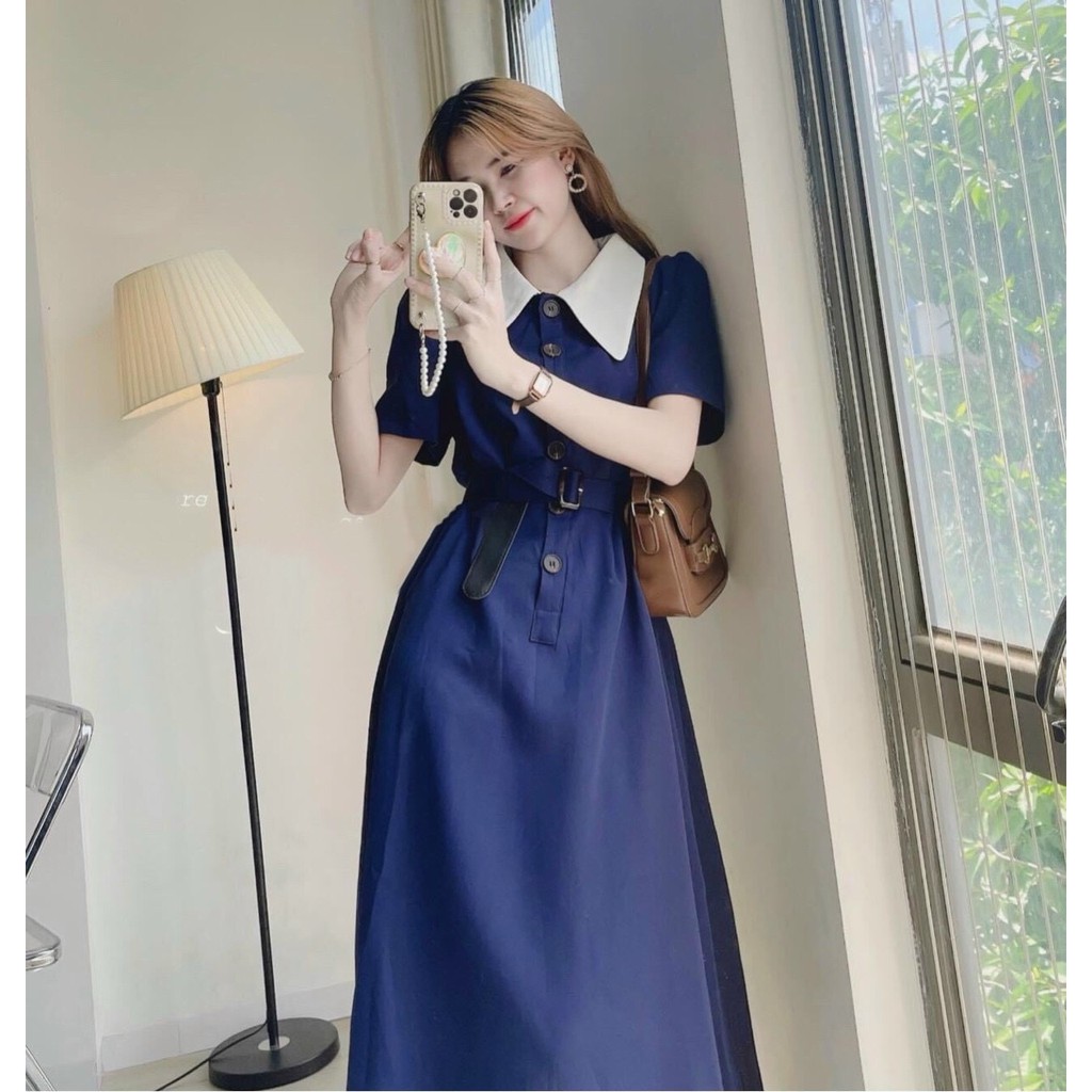 Đầm midi tay ngắn, váy midi dài xanh cổ peter trắng phối nịt siêu xinh đi chơi đi du lịch hẹn hò đều xinh Tây Thi Shop | BigBuy360 - bigbuy360.vn