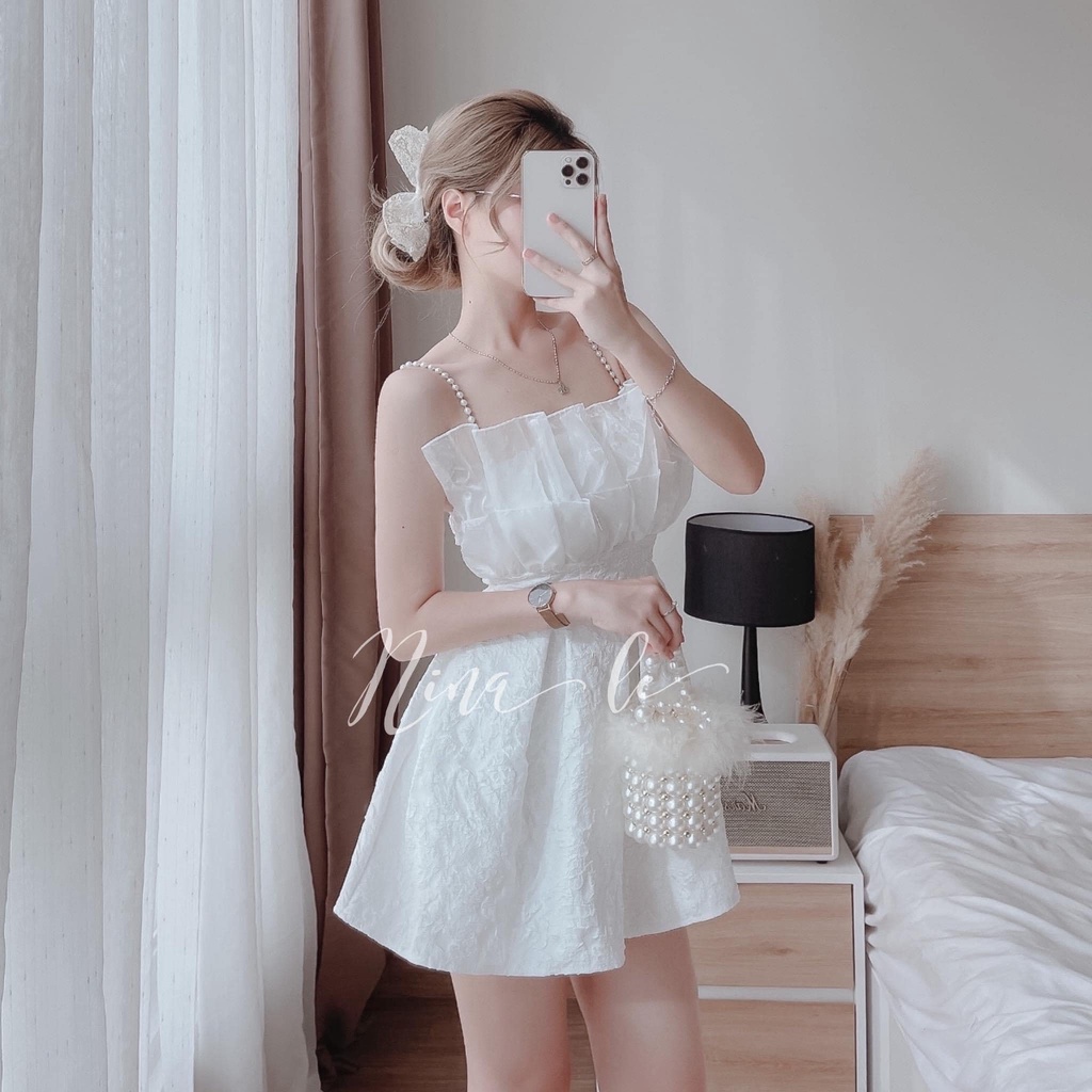 Váy đầm nữ 2 dây ngọc chất gấm Ylydress màu đen trắng xòe ngắn sexy hàn quốc freesize phom ôm body C938