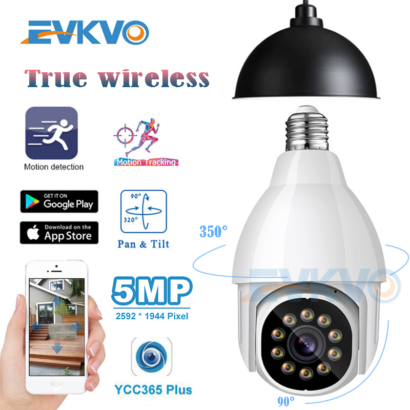 EVKVO - Work with E27 Bulb Base - Auto Tracking - Full Color Night Vision - YCC365 PLUS APP FHD 5MP WIFI CCTV Rotate Mini Camera Wireless PTZ IP Camera CCTV WIFI Security Camera Wireless Surveillance CCTV Camera Motion Deteciton Alarm Baby Monito