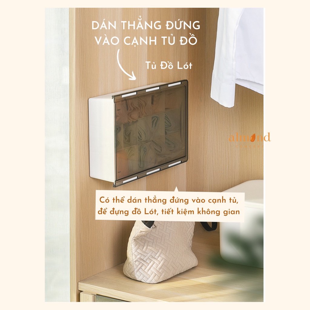 Hộp Nhựa Đựng Tất, Vớ, Áo Lót, Đồ Lót - Chia Ngăn, Có Nắp Trượt, Có Thể Dán Úp Ngược - almondconcept