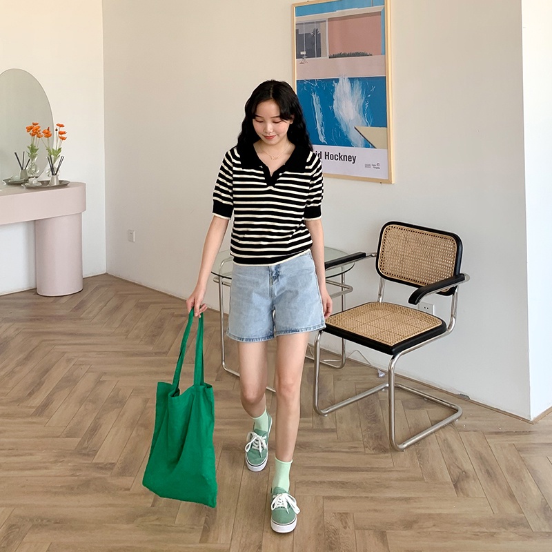 Áo thun nữ Ngắn tay Kẻ Sọc ngang Chất lụa băng Cổ V Form rộng Có Cổ bẻ POLO Áo phông nữ Tay ngắn Thời trang | BigBuy360 - bigbuy360.vn