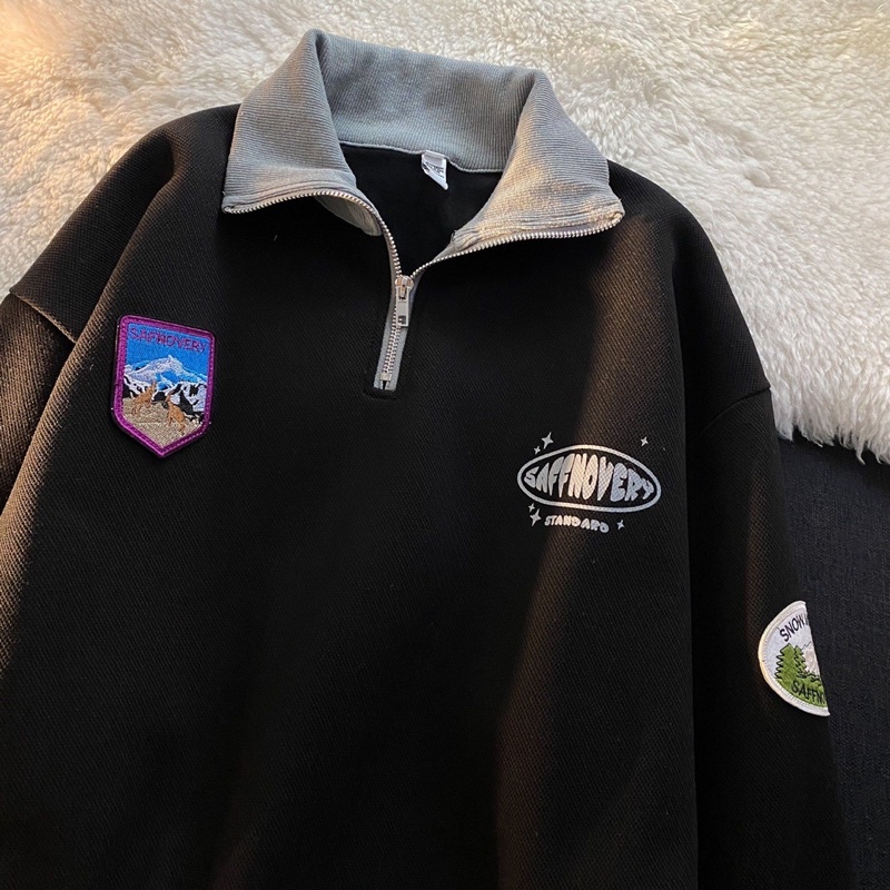 Áo sweater nam nữ dáng polo cổ tay áo phối hoạ tiết hình thêu