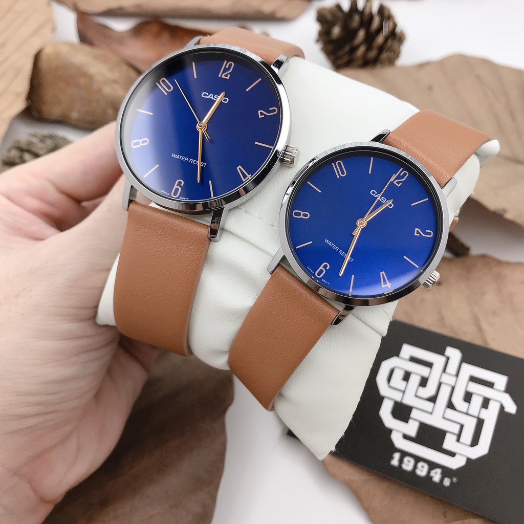 Đồng hồ cặp Casio MTP-VT01L-2B2 / LTP-VT01L-2B2 dây da, chống nước, hàng chính hãng