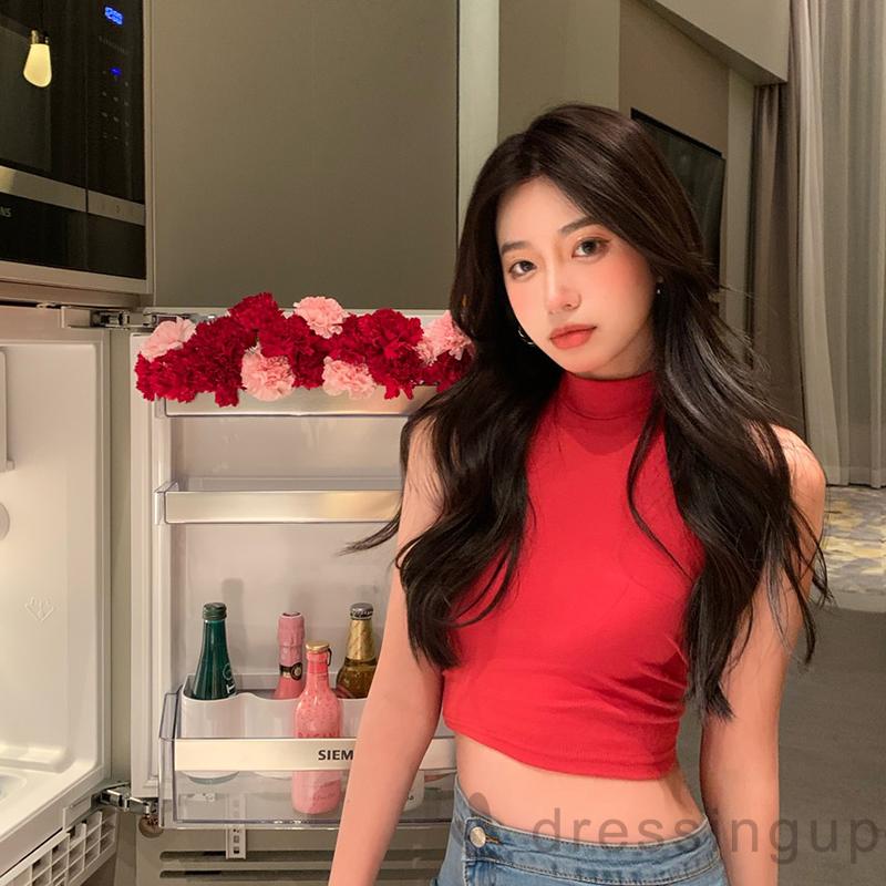 Áo Croptop Không Tay Màu Trơn Dáng Ôm Cột Nơ Sau Lưng Cho Nữ