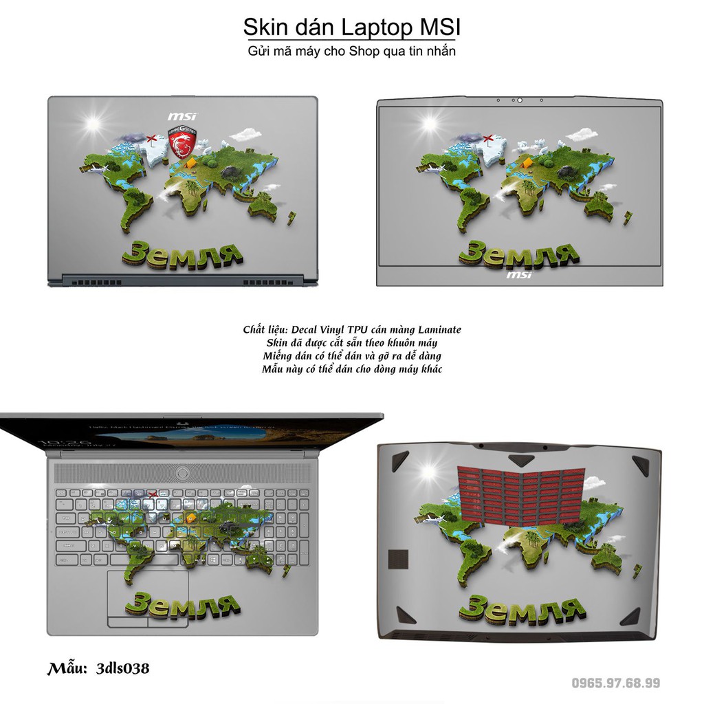 Skin dán Laptop MSI in hình 3D Green (inbox mã máy cho Shop)