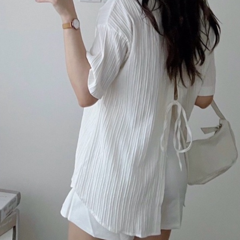 Áo sơ mi nữ form rộng tay ngắn gân sọc dây buộc lưng phong cách Hàn Quốc DUMI