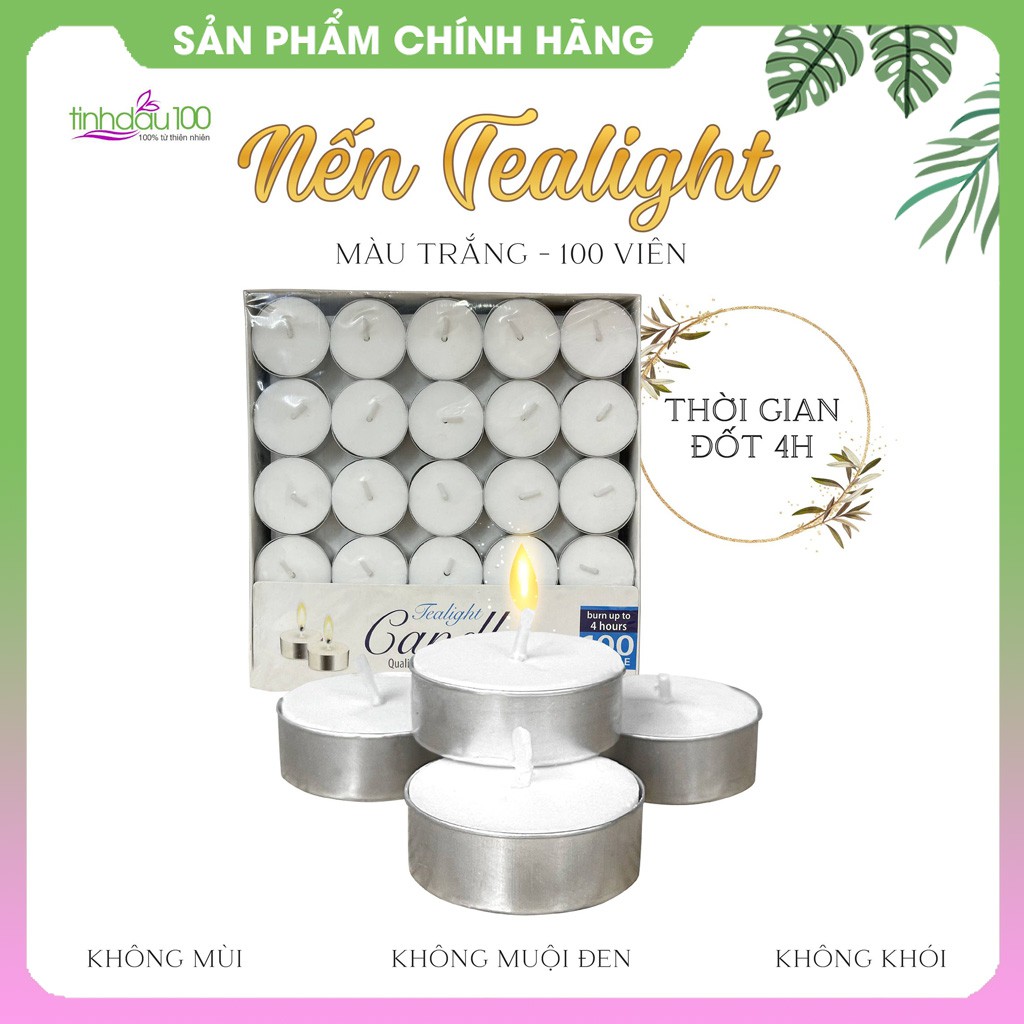 Nến tealight trắng 100 viên, xông đốt đèn tinh dầu, đủ 4 tiếng, không mùi, không khói, không muội đen Tinh Dầu 100 Shop