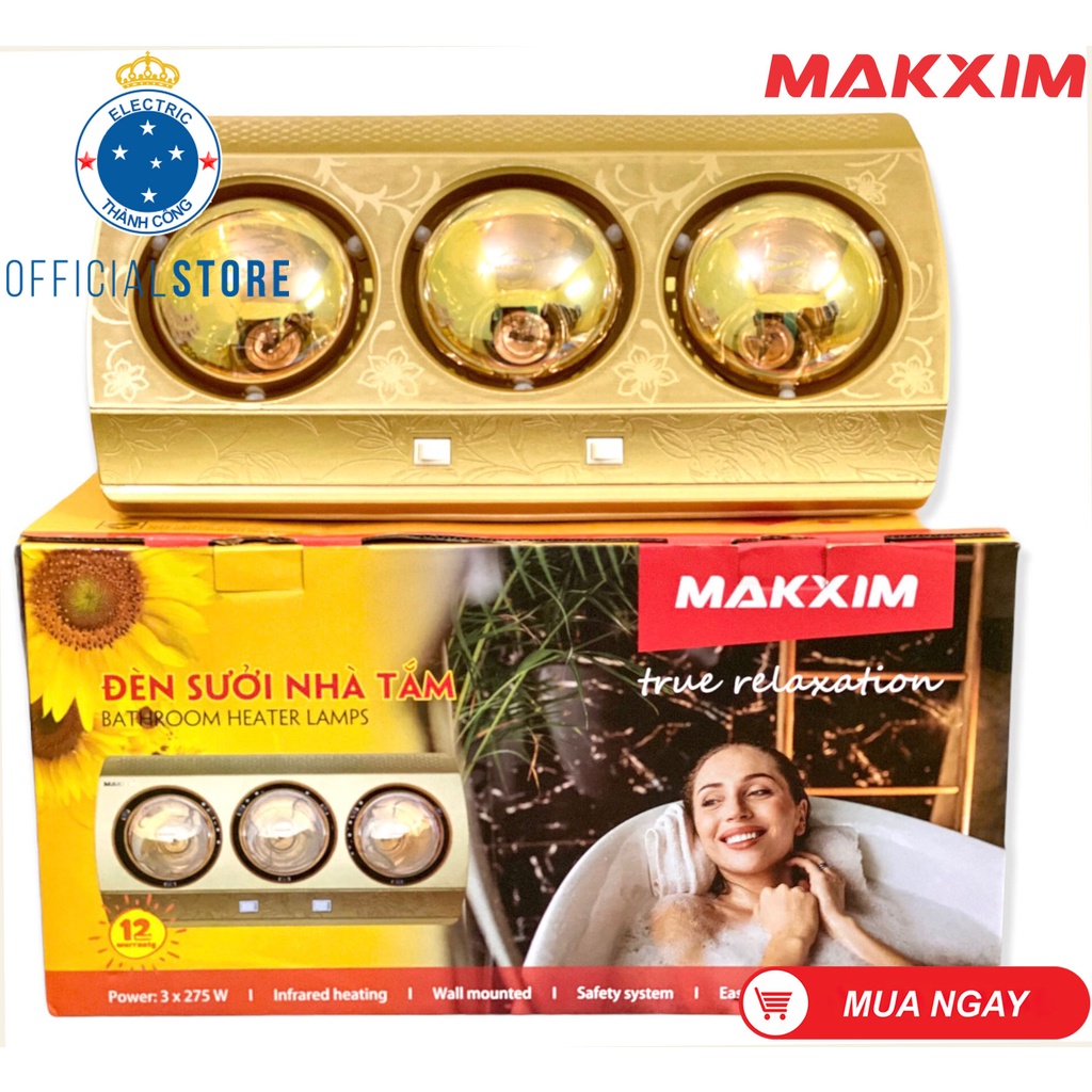 Bảo hành chính hãng - Đèn sưởi nhà tắm 3 bóng vàng Makxim