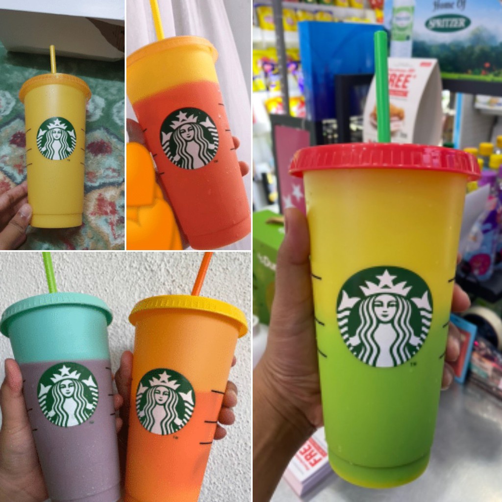 Bộ 1 hoặc 5 ly nhựa Starbucks thay đổi màu sắc có nắp đậy và ống hút 24 fl oz có thể tái sử dụng