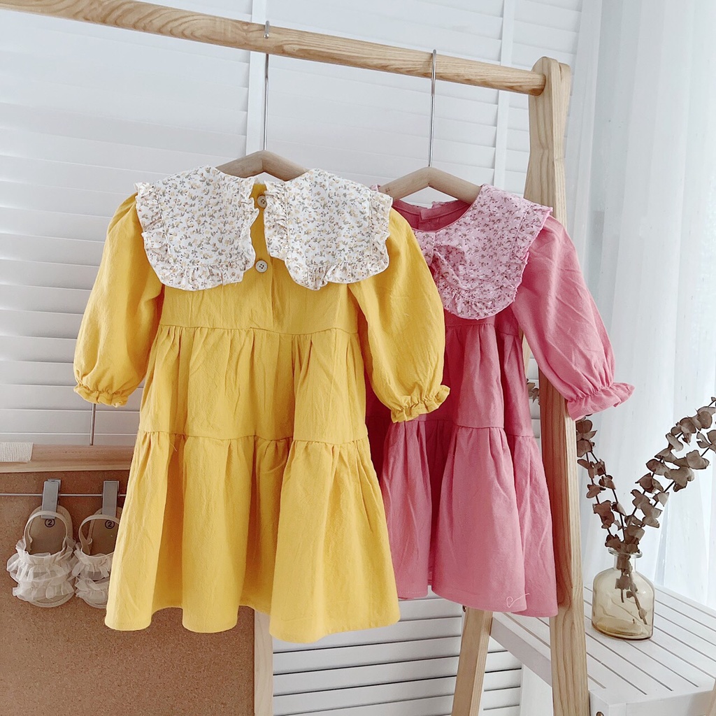 Váy thu dài tay chất thô mỏng màu trơn, cổ thắt nơ cho bé gái 1-5 tuổi