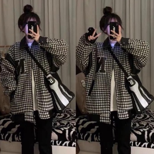 Sơmi Dạ TWEED Thêu Chữ C Áo Khoác Dạ Kẻ Caro Đen Trắng Oversize Form Rộng
