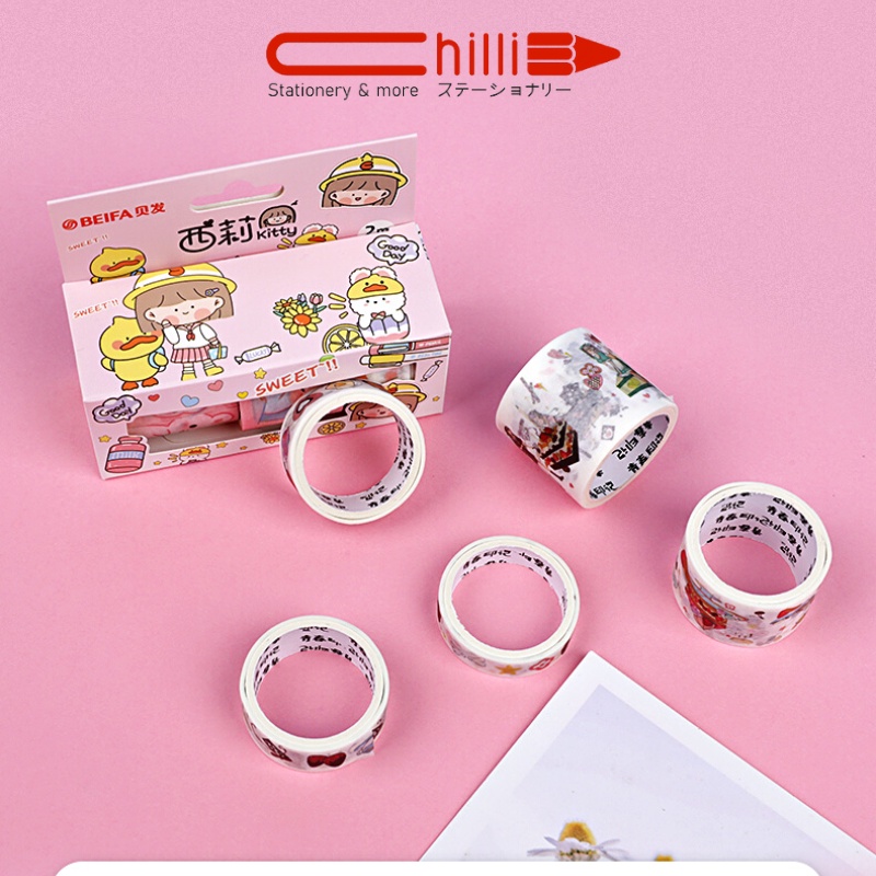 Bộ Băng Dính Washi Tape BEIFA Hộp Ngang Trang Trí Sổ Tay Họa Tiết Hoạt Hình Dễ Thương