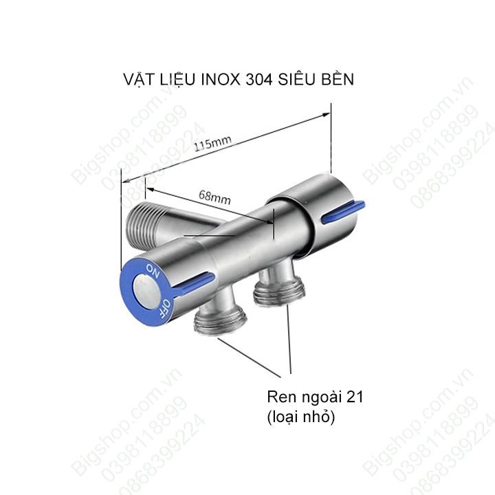 Vòi nước lạnh 2 đầu ra gắn tường bằng, đường kính ren và ra 21mm, đầu ra có 01 đầu tạo bọt 1 đầu gắn máy giặt