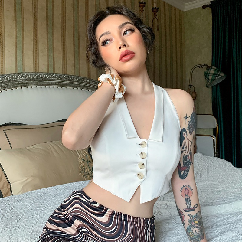 Áo croptop nữ hở lưng sexy cổ đức không tay có khóa sườn co dãn 4 chiều