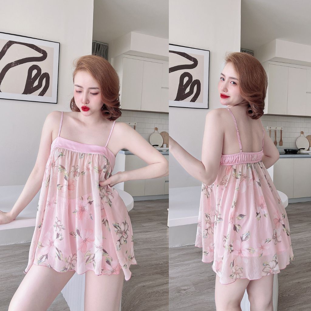 Đồ ngủ nữ BIGSIZE MIKY, Đồ ngủ sexy lụa Chiffon phối Satin cao cấp mềm mại xinh xắn<65KG