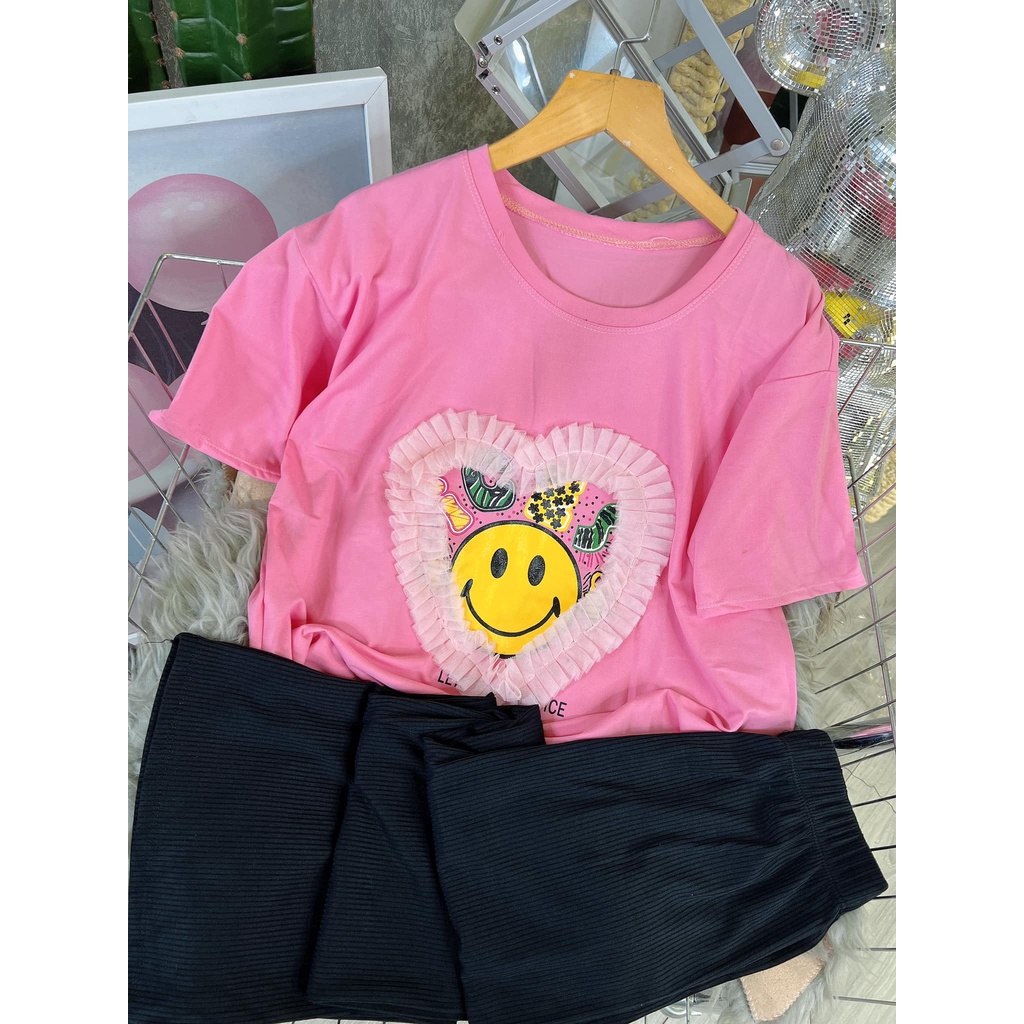 Đồ bộ nữ, set đồ bộ quần ống rộng thun gân borip và áo thun ngắn tay cotton form rộng freesize hình mặt cười phối ren