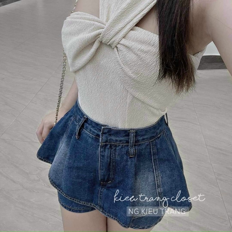 Quần váy jean tầng xoè loại 1 🦄, Quần jean giả váy xếp ly dáng xòe lưng cao