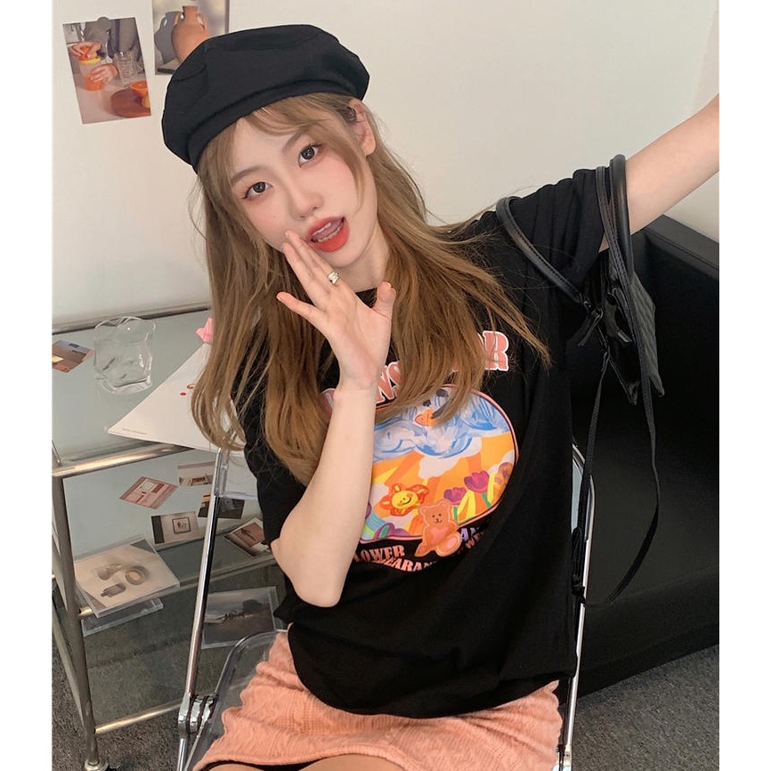 Áo Thun Dáng Rộng Ngắn Tay Cổ Tròn In Hình Gấu Và Chữ 50254 Hợp Mùa Hè