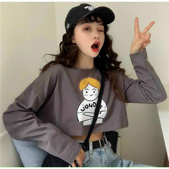 Áo thun croptop nữ tay dài phong cách Hàn Quốc chất tici loại 1 dày mịn co dãn freesize dưới 55kg - CT4042