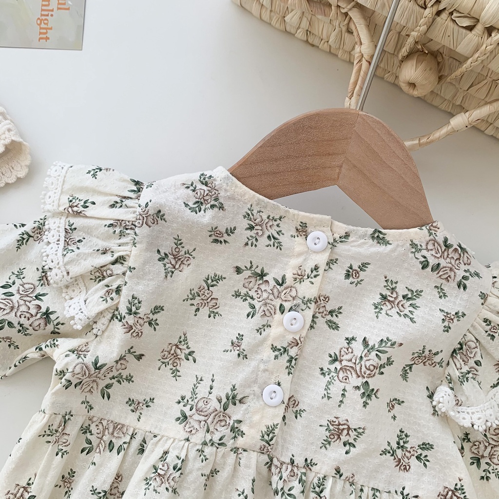 Bộ áo liền quần tay dài in hoa kiểu Hàn Quốc dễ thương dành cho bé