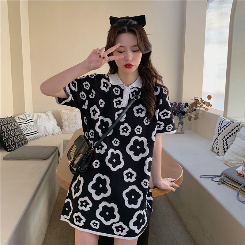 Đầm Thun polo Tay Ngắn Dáng Rộng Phong Cách retro Dành Cho Nữ