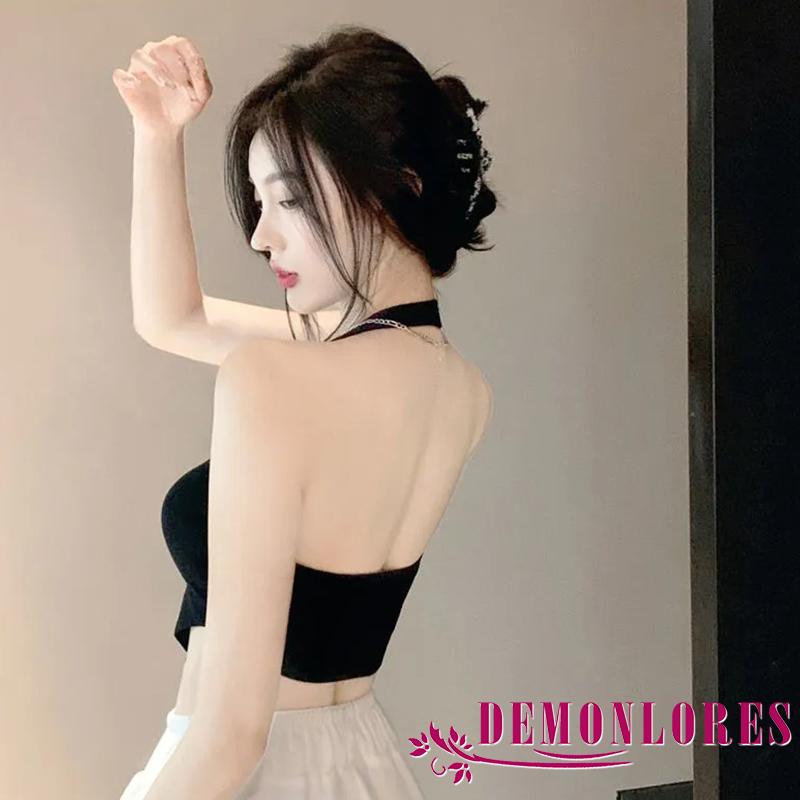 Áo Croptop Sát Nách Màu Trơn Hở Lưng Cổ Yếm Hình Tam Giác Cho Nữ