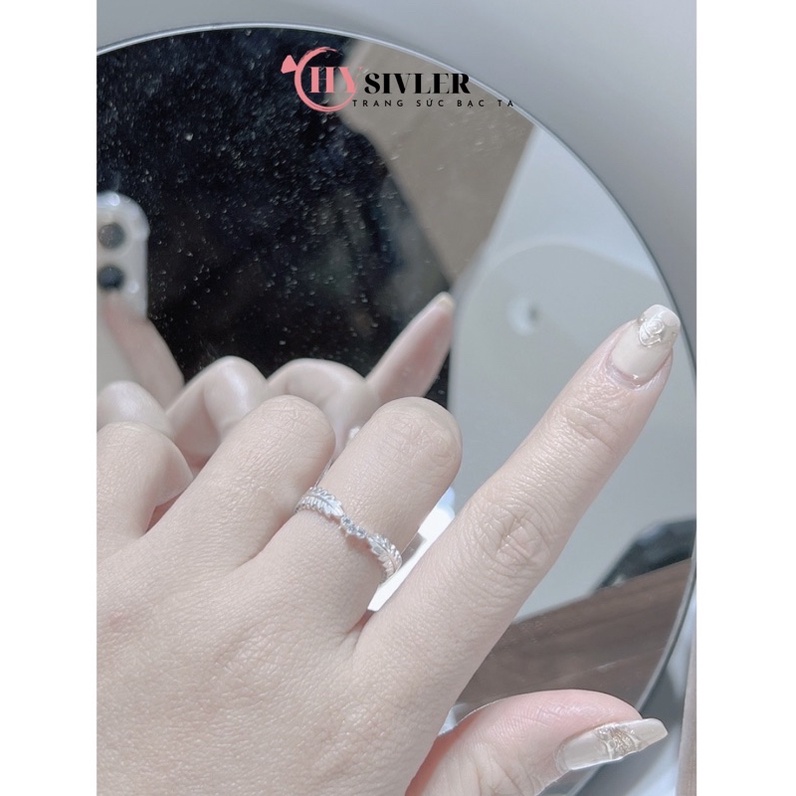 Nhẫn bạc ta hình lá nguyệt quế dày dặn đính đá nhỏ xinh nhẫn nữ bạc thật