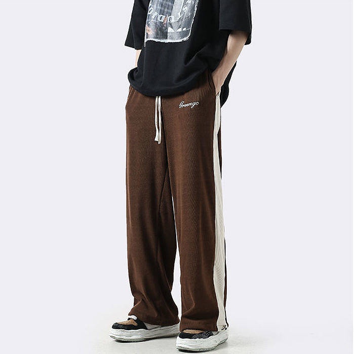 American Retro Navy Blue Pants Summer Japanese Vertical Stripes Men's and Women's Wide-Leg Pants Straight Drawstring Track Sweatpants nn2N